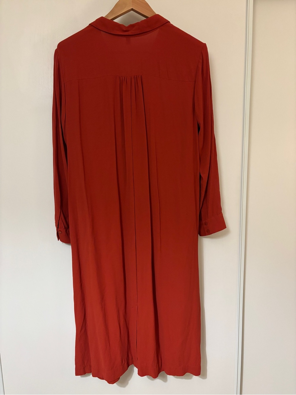 Eileen Fisher Silk Shirt Dress Brick Red Size Large Long Sleeve Classic Collar - Picture 3 of 11